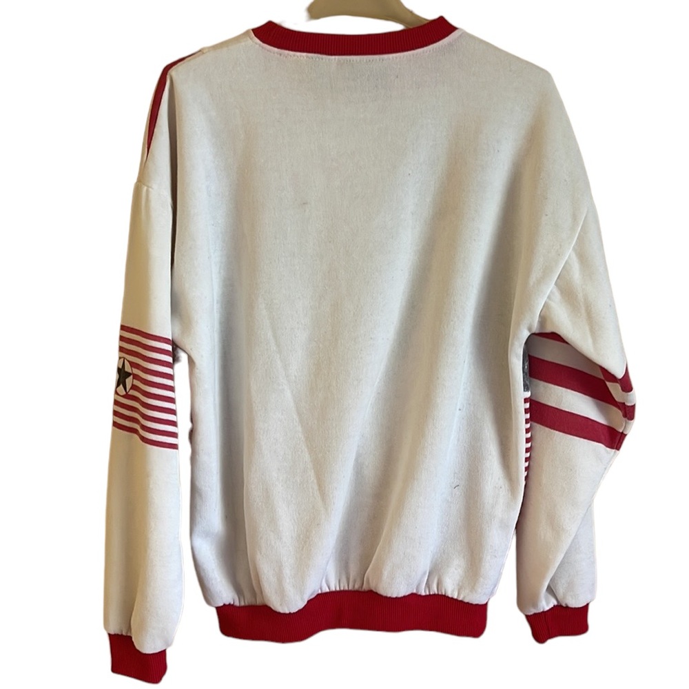 Vintage 80s Sassoon red & white stripe patchwork Armed Forces tribute sweatshirt - Picture 2 of 7